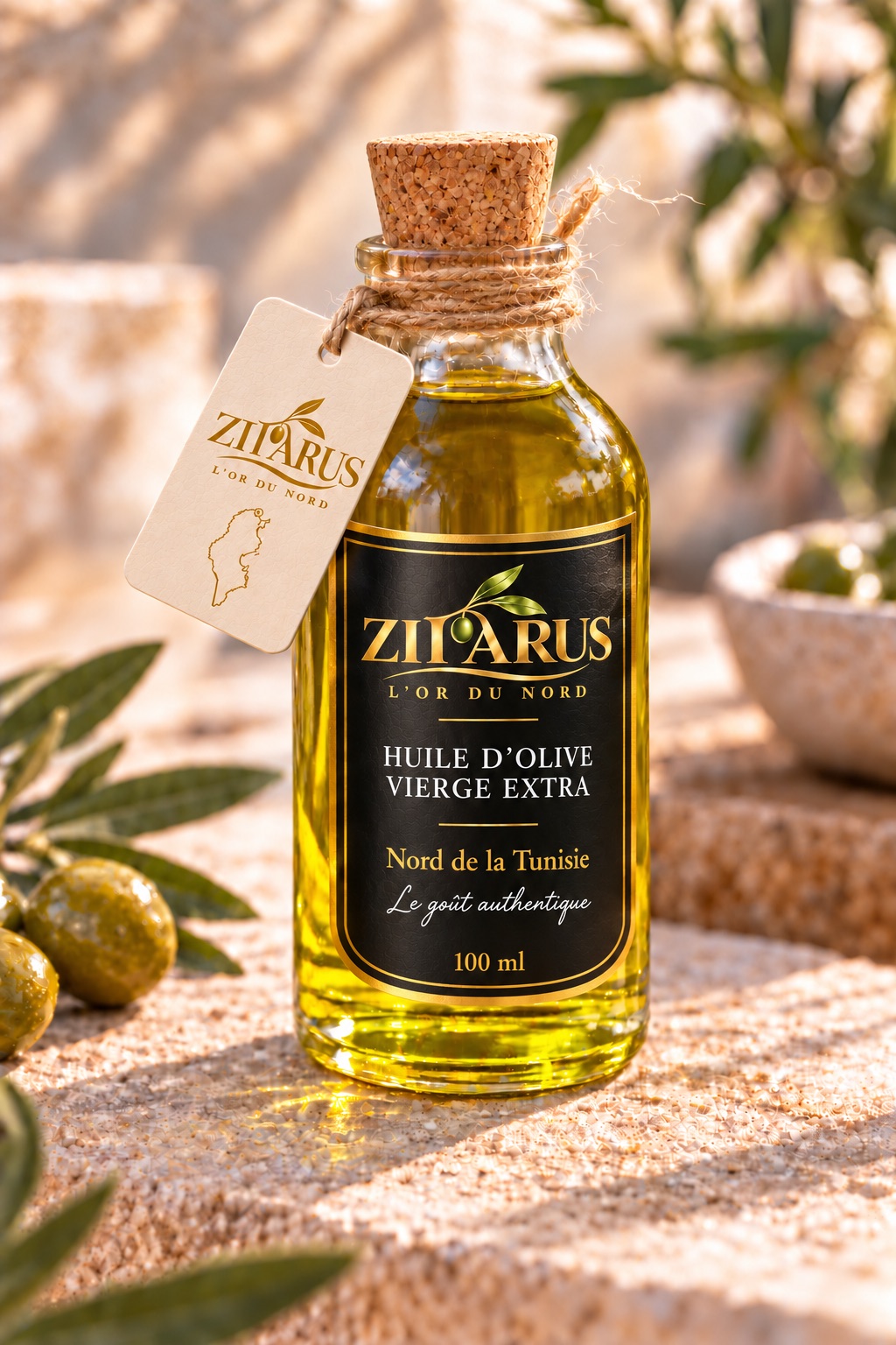 Flacon ZITARUS de 100 ml en verre, bouchon de liège, étiquette noire et or « Huile d’olive vierge extra, Nord de la Tunisie », avec son étiquette kraft à la carte de la Tunisie, posé parmi des olives.