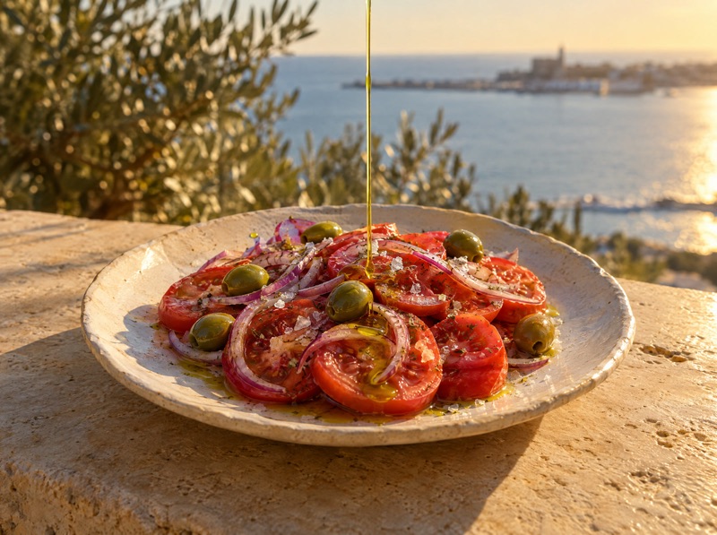 Un filet d’huile d’olive sur une salade de tomates.