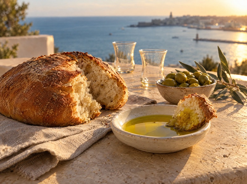 Du pain et une petite coupelle d’huile d’olive à partager.