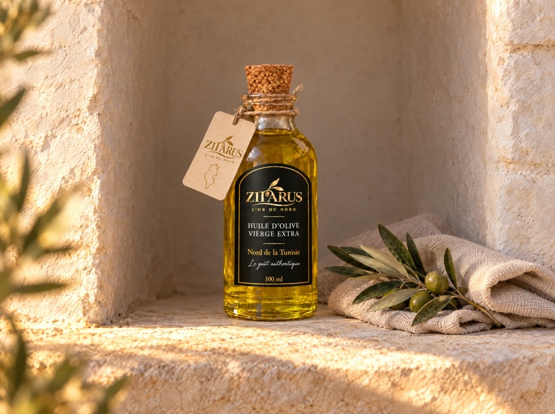 Un flacon d’huile d’olive bien fermé, rangé à l’ombre.